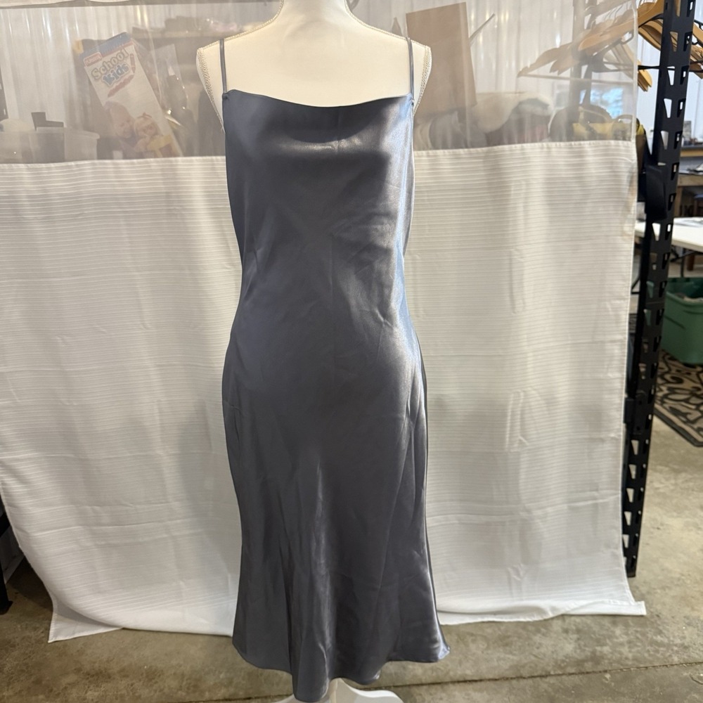 Birdy Grey Satin Midi Dress Blue Gray Large Cowl Neck Bridesmaid Formal